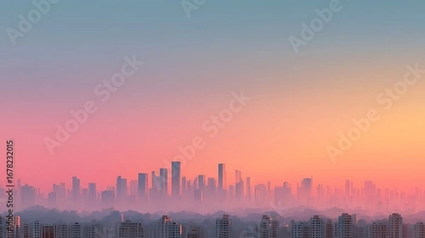 Fototapeta Minimalist futuristic urban skyline with pastel gradient horizon, clean silhouette of modern buildings, wide background template with empty space for text.