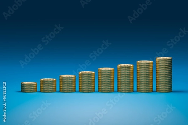 Fototapeta The coins are arranged in groups and leave space in the middle. 3D model.