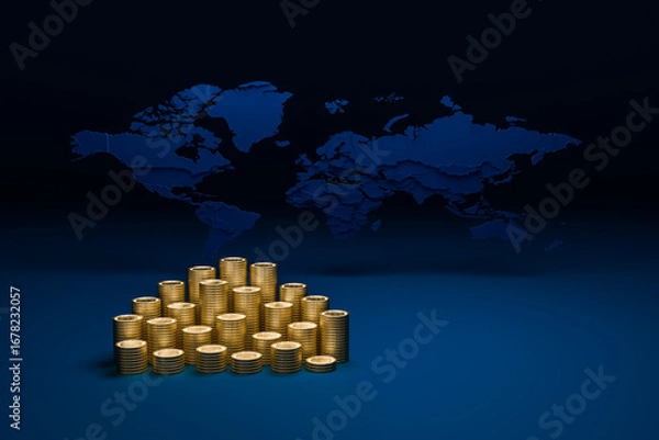 Fototapeta Group money gold coin stack represent finance and world map background.