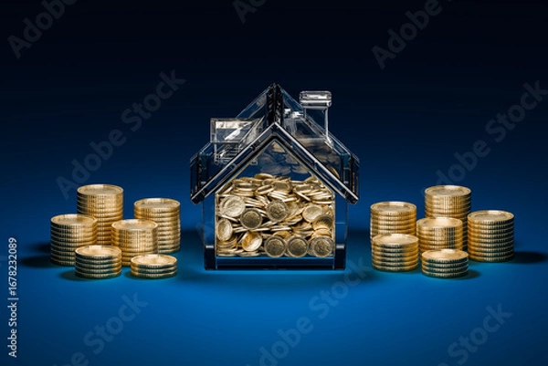 Fototapeta House bank coin and group coin stack on blue background. Save money concept.