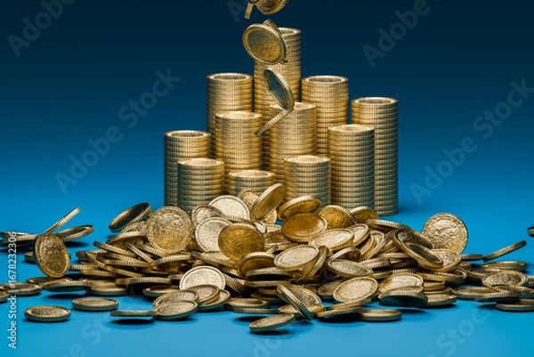 Fototapeta Group money gold coin stack and Gold coin falling on the ground represent finance and blue background.