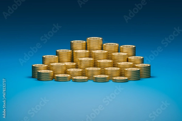 Fototapeta The 3D coins are arranged in groups on blue background