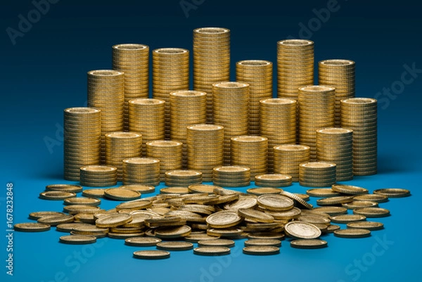 Fototapeta Group money gold coin stack and Gold coin falling on the ground represent finance and blue background.