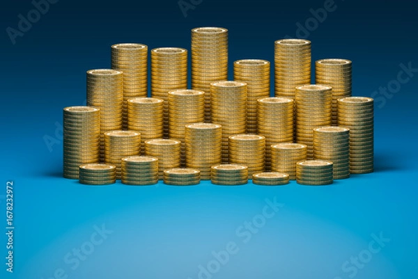 Fototapeta The 3D coins are arranged in groups on blue background