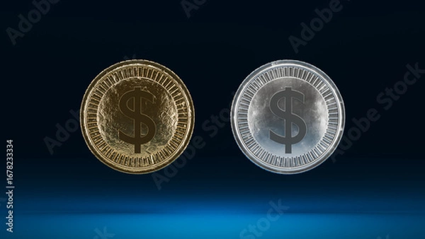 Fototapeta Front single gold coin and single silver coin. Money finance concept.