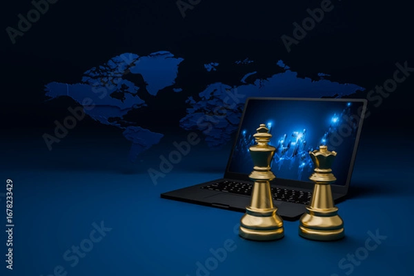 Fototapeta Chess, laptop and world map Chess represents corporate leaders and stock charts on laptop screens represent finance.