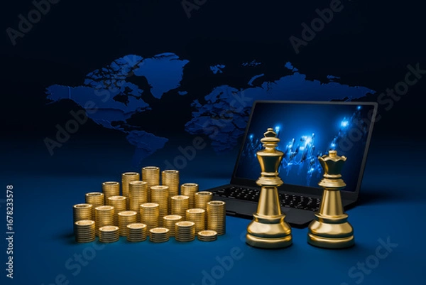 Fototapeta Chess, laptop and world map Chess represents corporate leaders and stock charts on laptop screens represent finance.