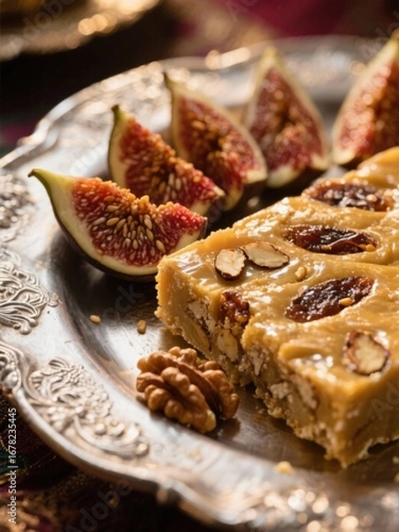 Fototapeta Closeup of a delicious fig and nut bar served on a vintage silver platter with fresh figs