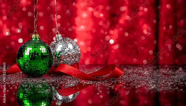 Fototapeta Elegant red ribbon lies gracefully on a reflective surface, with scattered glitter and bokeh light effects creating a glamorous and festive atmosphere. ai generative