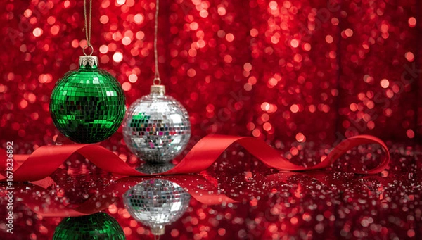 Fototapeta Elegant red ribbon lies gracefully on a reflective surface, with scattered glitter and bokeh light effects creating a glamorous and festive atmosphere. ai generative