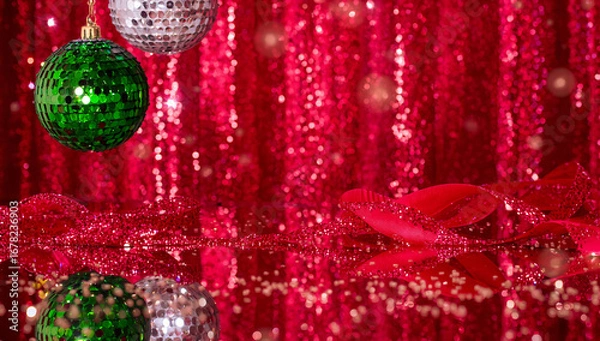 Fototapeta Elegant red ribbon lies gracefully on a reflective surface, with scattered glitter and bokeh light effects creating a glamorous and festive atmosphere. ai generative