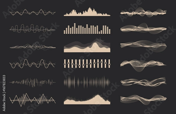 Fototapeta Vector music sound waves set. Audio digital equalizer technology, console panel, pulse musical.