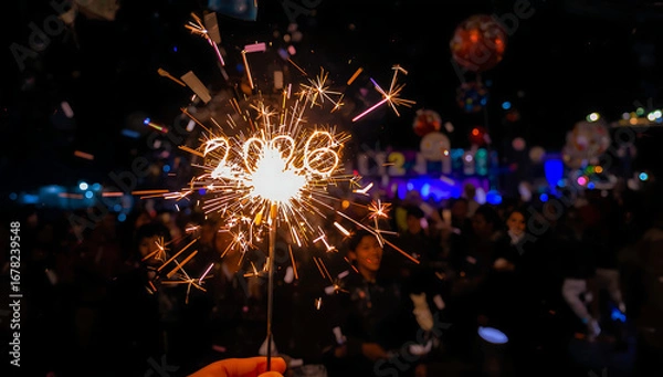 Fototapeta 2026 new year with a festive atmosphere, colorful confetti and balloons scattered around, the sparkler held by a person with a big smile, capturing the magic and wonder of the moment,ai generative