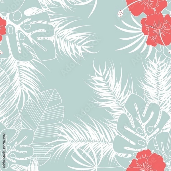 Fototapeta Summer seamless tropical pattern with monstera palm leaves and flowers on blue background