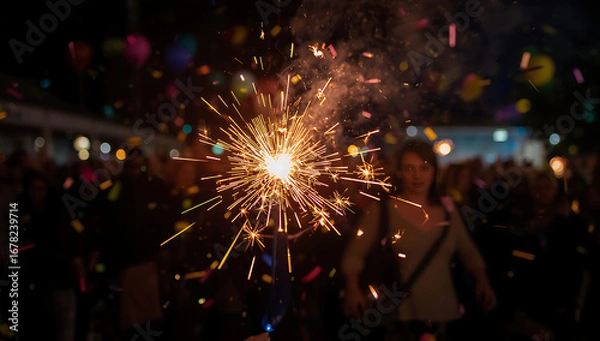Fototapeta 2026 new year with a festive atmosphere, colorful confetti and balloons scattered around, the sparkler held by a person with a big smile, capturing the magic and wonder of the moment,ai generative