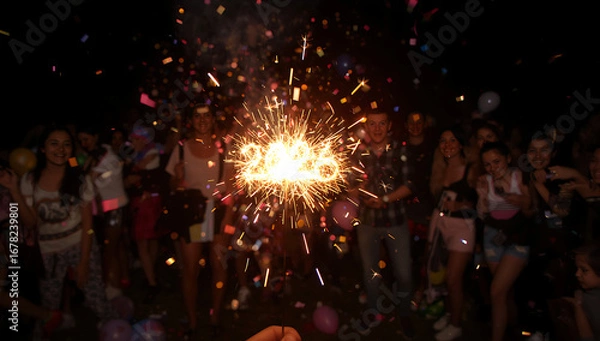 Fototapeta 2026 new year with a festive atmosphere, colorful confetti and balloons scattered around, the sparkler held by a person with a big smile, capturing the magic and wonder of the moment,ai generative