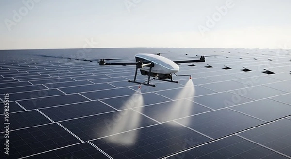 Fototapeta Drone cleaning solar panels on a large solar farm. Modern technology for efficient inspection, maintenance, and optimal performance of renewable energy infrastructure.