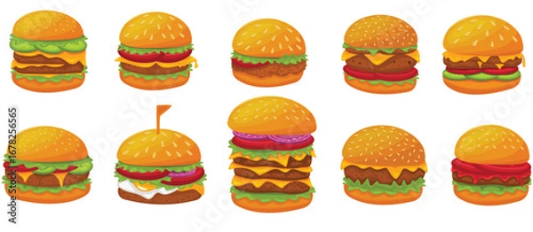 Fototapeta Burger vector set. Set of fast food illustration. Hamburger vector illustration. Fast Food Icons Set. Burger illustration. cheese burger illustration