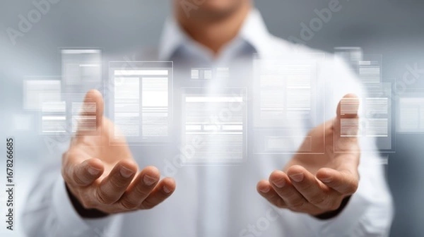 Fototapeta Man holding blank white screen, customizable template for presentations and display.
