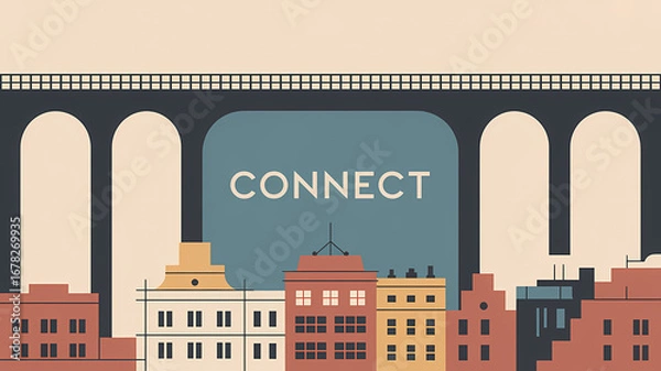 Fototapeta Connect: Minimal Flat Art Bridge Transforming into City Rooftops with Bold Sans Text