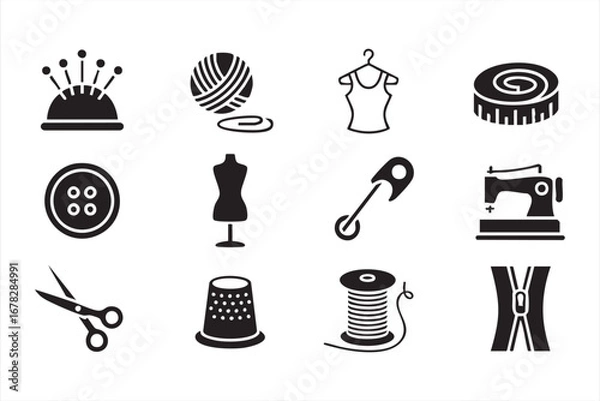 Fototapeta Handicraft and tailoring icons pack with needle, thread, and measuring tape illustrations