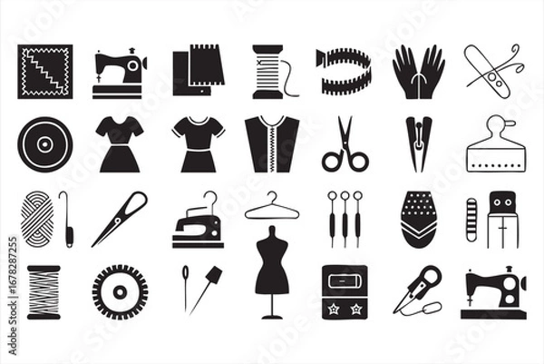 Fototapeta Sewing craft icons set with buttons, thread spools, and fashion design tools