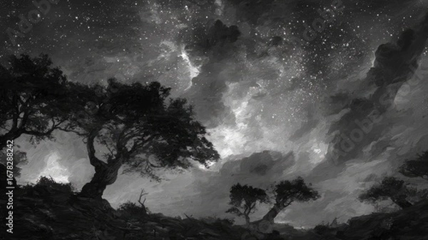 Fototapeta A grayscale landscape of trees and mountains under a starry night sky.