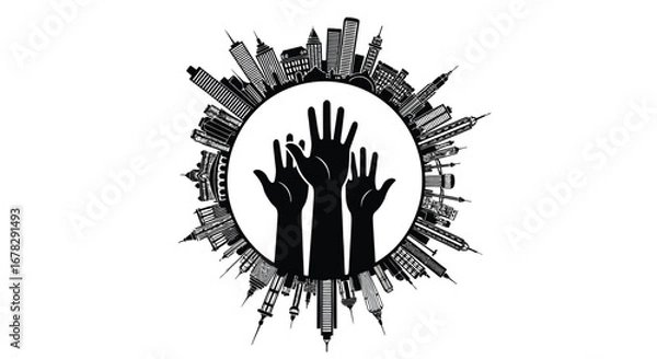 Fototapeta Silhouette of raised hands within a circular cityscape