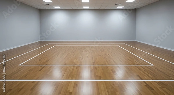 Fototapeta Bright, empty gymnasium with polished wood floor and clean white lines, ready for sports