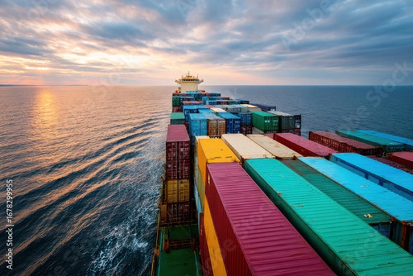 Fototapeta A cargo ship filled with colorful containers sailing across the ocean at sunset