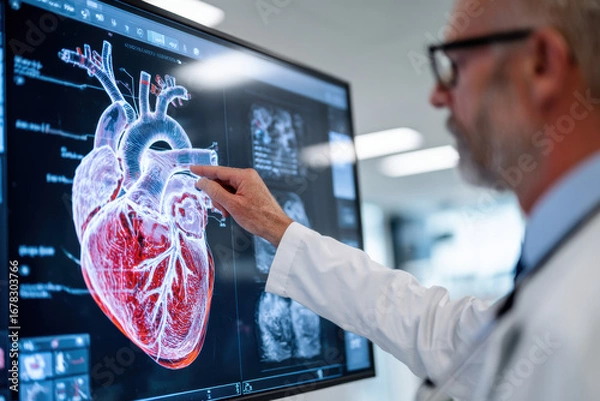 Fototapeta A doctor checking digital heart monitor data in a futuristic hospital