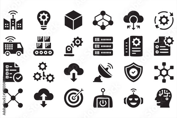 Fototapeta Automation and robotics vector icons with production and smart factory design