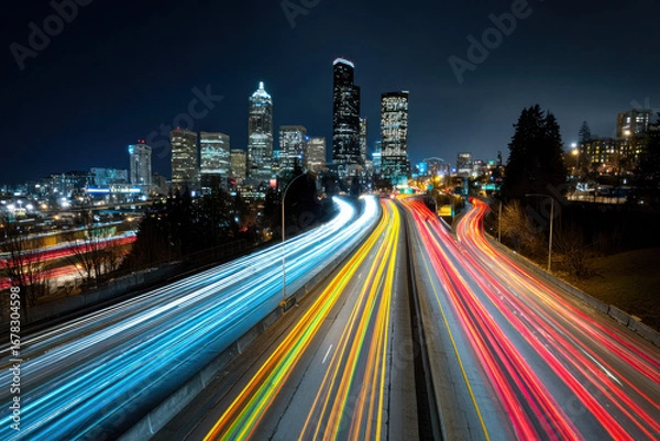 Fototapeta A neon city skyline with light trails of cars at night