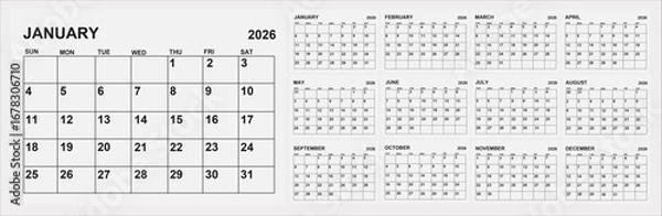 Fototapeta Monthly calendar layout for 2026 year. Diary planner for 2026 year. Week Starts on Sunday.