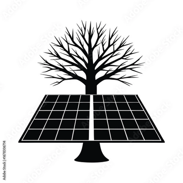 Fototapeta Bare tree growing from solar panel