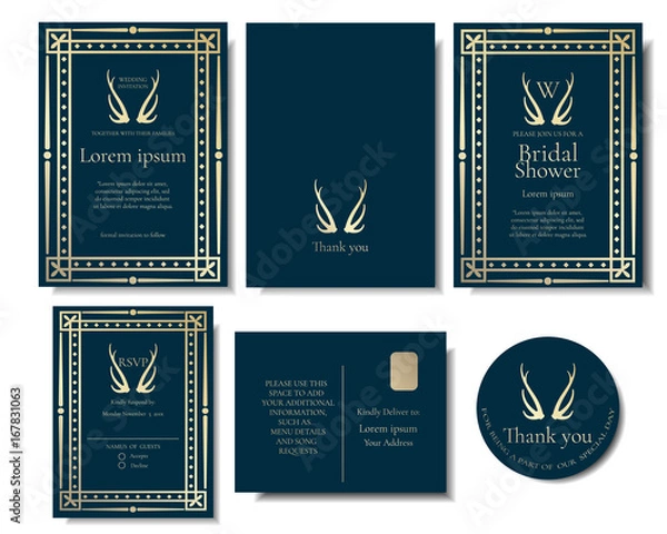 Fototapeta Set of Gold frame Morocco style on blue wedding invitation card.Vector/Illustration