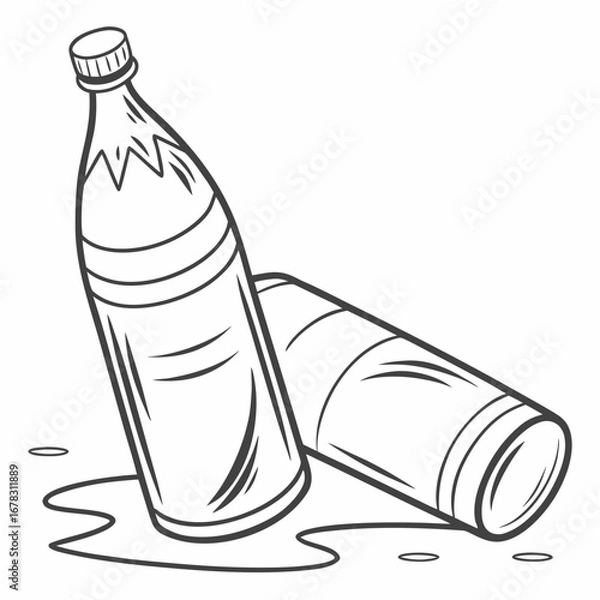 Fototapeta Two crumpled plastic drink bottles lying on their side with spilled liquid in a simple line art drawing
