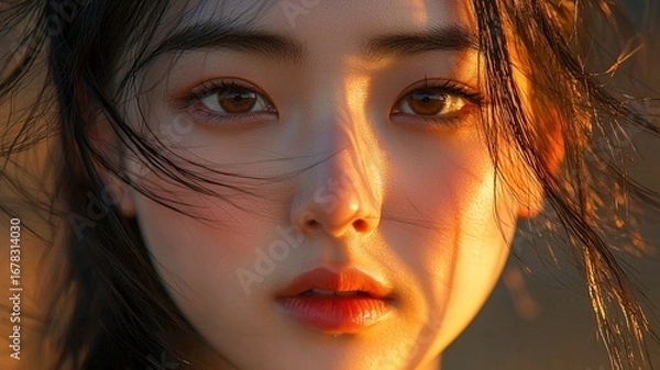 Obraz Cinematic close up of woman's face in sunset light