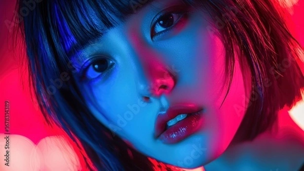 Obraz Woman's face illuminated by red and blue light
