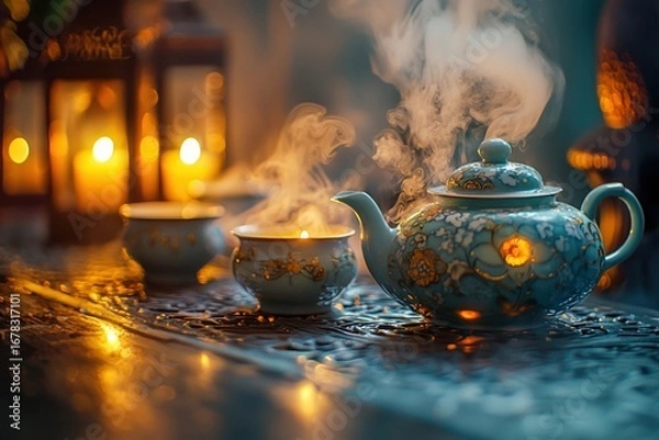 Obraz Steaming tea set in cozy candlelit atmosphere