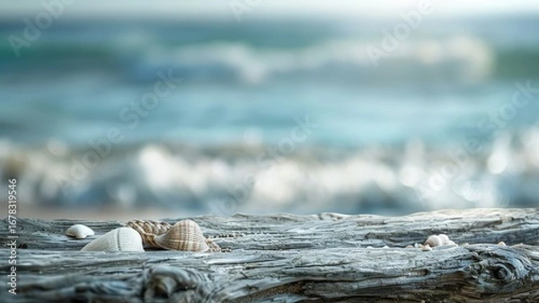 Fototapeta Beach still life with driftwood and soft waves