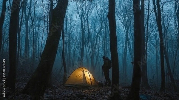 Obraz Aerial view of camping area in dense woods