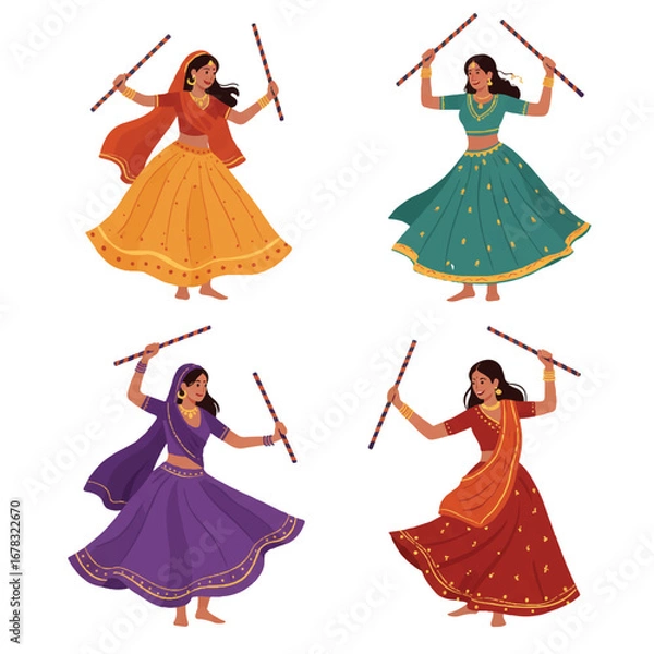 Fototapeta Joyful women in vibrant traditional attire dance gracefully with dandiya sticks, celebrating Sharad Navratri in a 2D flat vector illustration isolated on a clean white background.