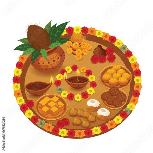 Fototapeta A vibrant flat 2D vector illustration of a traditional Sharad Navratri puja thali, meticulously arranged with ceremonial items, isolated on a clean white background for spiritual celebration.
