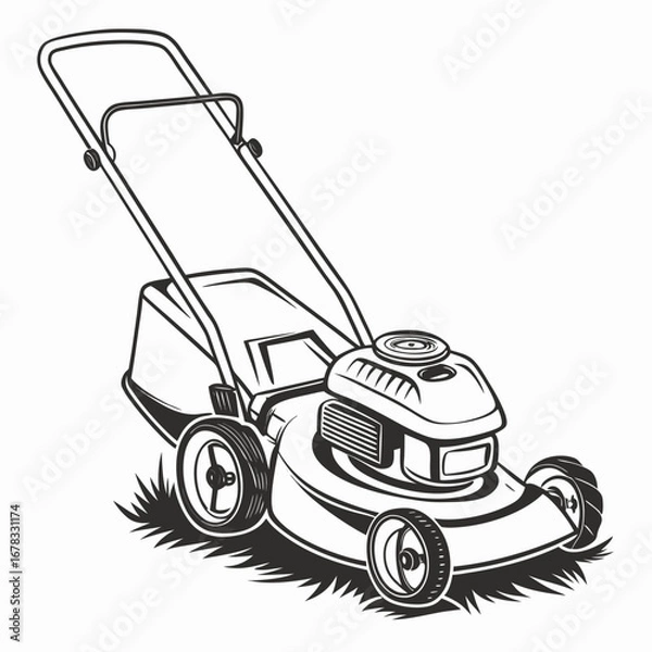 Fototapeta Black and white illustration of a push lawn mower with a handle and wheels on grass
