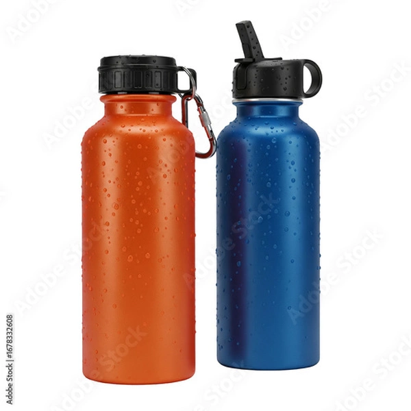Fototapeta Title: Two Reusable Water Bottles with Cold Droplets on White Background
