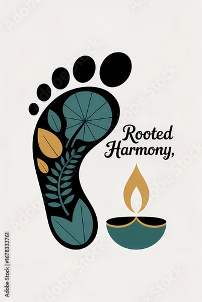 Fototapeta Rooted Harmony: Minimal Flat Art Leaf Footprint with Cultural Diya Lamp and Curved Gold Sans Text