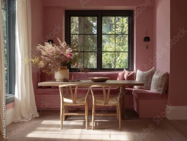 Fototapeta A cozy, sun-drenched dining nook boasts a blush pink color scheme, complemented by natural textures and a vibrant floral arrangement.