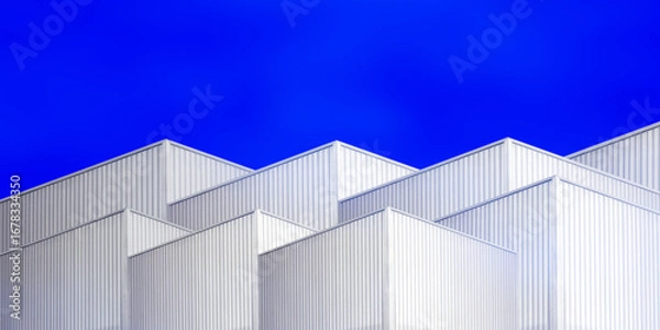 Fototapeta architecture design square shape corrugated wall geometric buiding. The factory warehouse is exterior decorated with corrugated texture to create a point of interest with beautyl