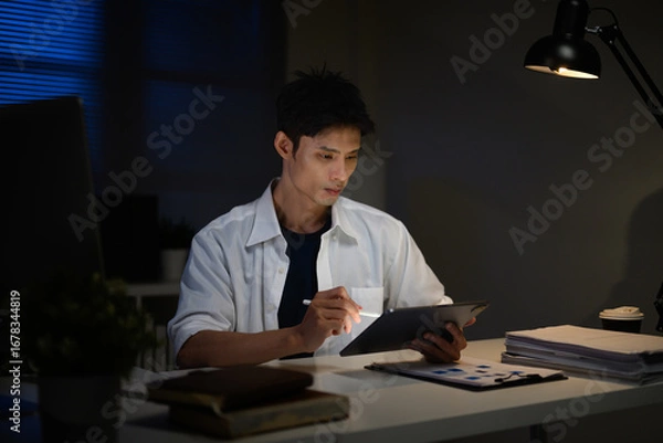 Fototapeta Focused businessman working late at night, analyzing documents on digital tablet in dark office